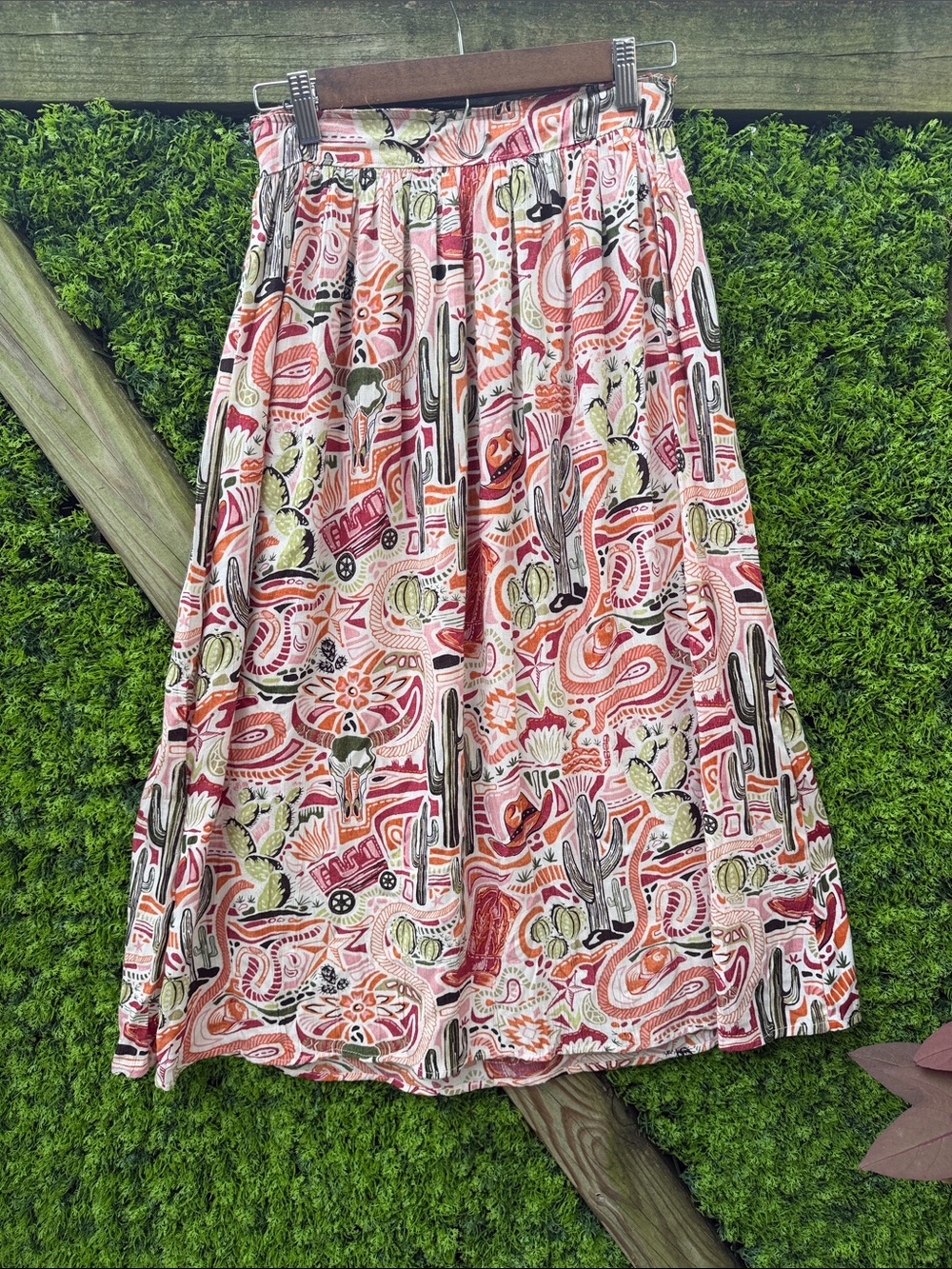 Women's Midi Skirt Desert Cactus Western Print.